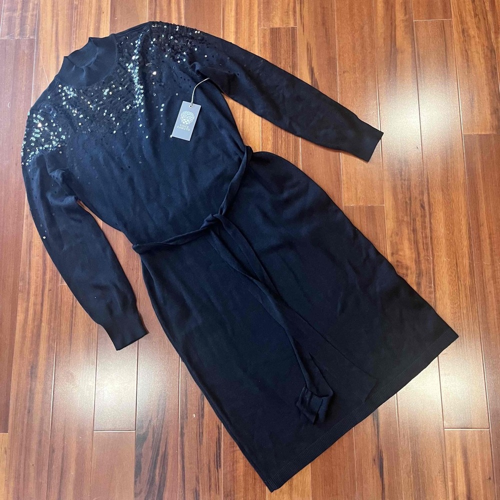 New NWT Vince Camuto Black Sequin Sweater Dress‎ Knit Belted Women Size Medium